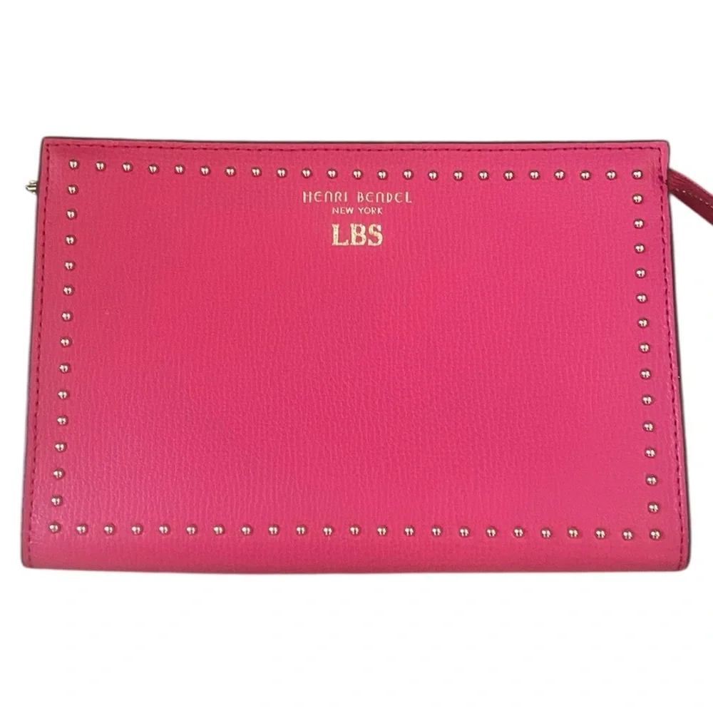 HENRI BENDEL NY Lipstick Pink Pebbled Leather Studded Cosmetic Pouch Clutch